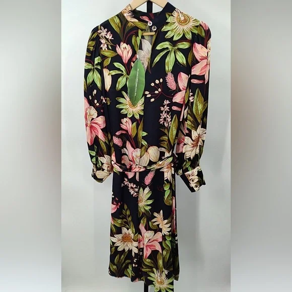 Farm Rio Black Surreal Flowers High Neck Midi Dress - Picture 5 of 8